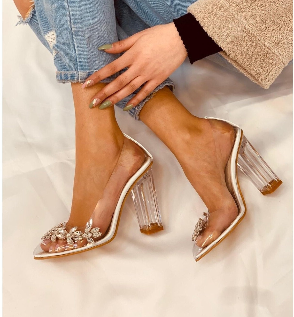 Amazon.com | Vujkliy Women's 9CM Transparent Heel Crystal mules sandals,  Wedding Party Prom Dress High Heels Shoes Plus Size,Gold,4 | Heeled Sandals