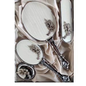 Weißer Brautspiegel, Spiegel und Bürsten-Set, Brautkamm-Set, weißes Hochzeitspinsel- und Spiegel-Set, Brautdusche, Valentinstagsgeschenk, Weihnachtsgeschenk