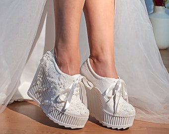 White Bride Wedge Heels,lace Wedge Sneakers,platform Sport Shoes