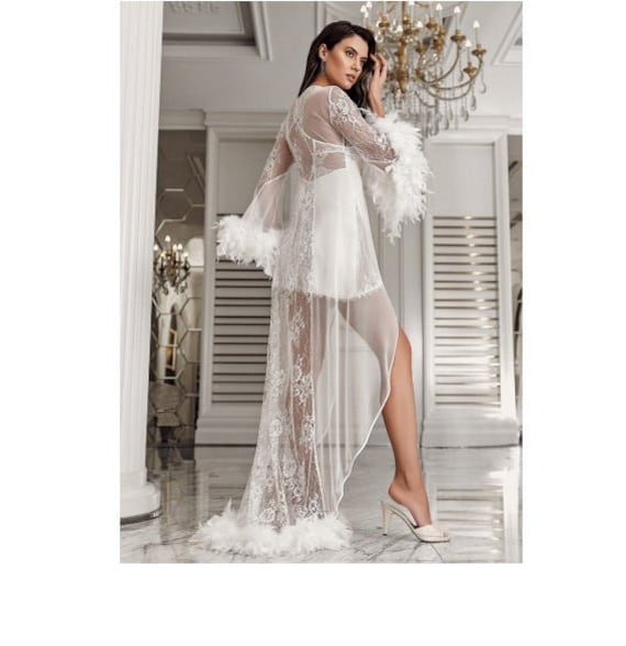 Ecru Bridal Nightgown,lace Tulle Nightgown and Robe Set,satin  