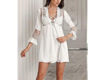 Ecru Bridal Nightgown,Nightgown and Robe set,Lace Robe Set,Short Ecru Nightgown set,Wedding Nightgown,Bridal Shower,Bridal Gift,Christmas