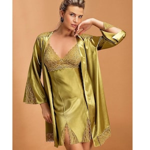 Braut Nachthemd und Robe, grünes Nachthemd, Hochzeit Robe Set, grünes Satin Nachthemd Set, Hochzeit Peignoir, Brautparty, grüne Satin Frauen Roben