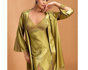 Bridal Satin Nightgown Robe Set, Green Wedding Peignoir