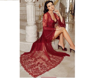 Lace Robe and Nightgown,Burgundy Honeymoon Nightgown,Satin Lace Bridal Peignoir Set,Wedding Robe Set,Sexy Nightgown Set,Bridal Lingerie Set