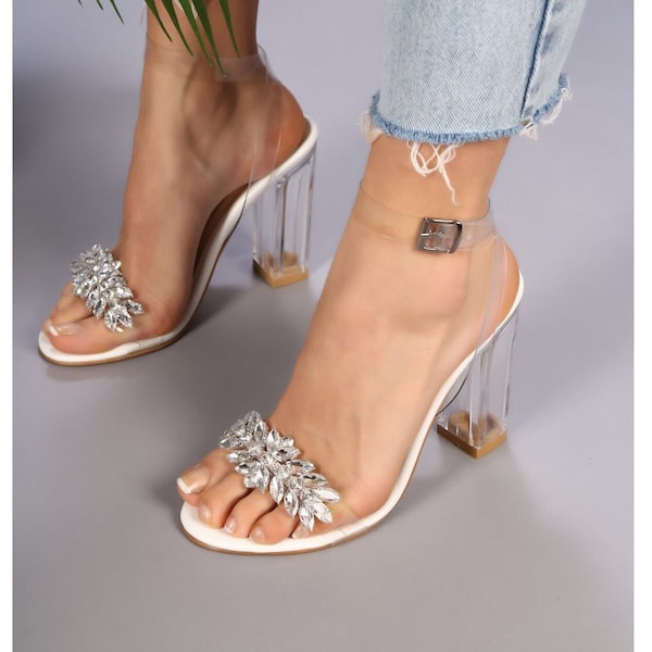 White Transparent Shoe,Bridal Shoe,Wedding Shoe,Transparent Wedding Heel,Transparent Ankle Strap, White Bridal Shoe,Wedding Block Heel Shoes
