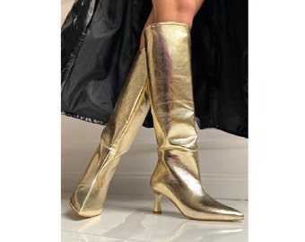Women Gold Mirror Boot,Long Boot,Wedding Boot,Wedding Bootie,Christmas Bootie,For Party,Valentine's Day,Gold Long Boot,Mirror Gold Boot,Boot