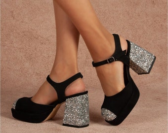 Black Suede Platform Heel Shoes, Ankle Strap, Glitter Bridal Shoe
