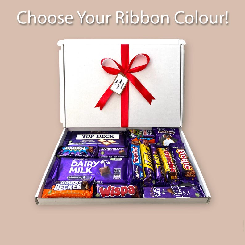 Assorted Cadbury chocolate bars in a white gift box with ribbon and customizable message tag, ideal for birthdays, anniversaries, thank you gifts, weddings, holidays, and other special celebrations