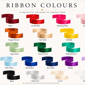 Selection of 19 ribbon colors available for customizing the Cadbury chocolate gift box, offering a personalized touch for birthdays, weddings, holidays, and other special occasions.