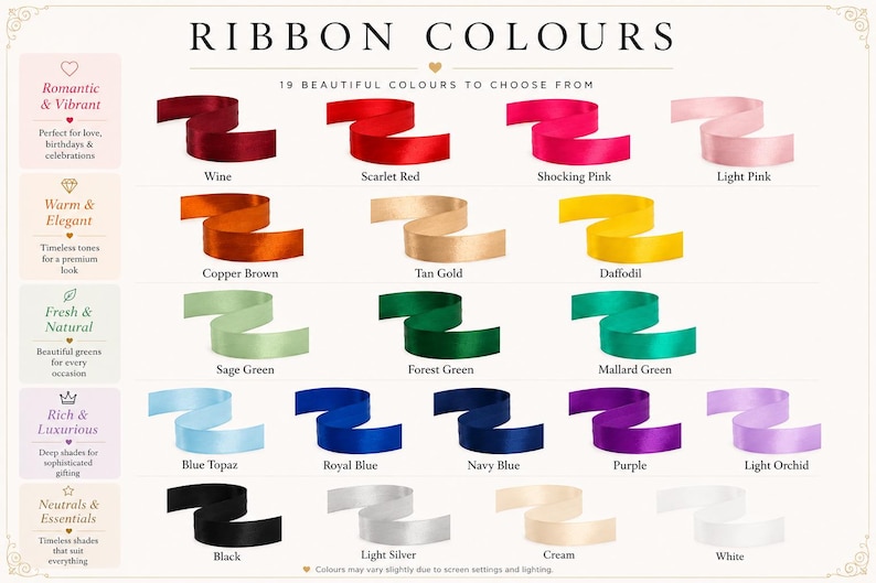 Selection of 19 ribbon colors available for customizing the Cadbury chocolate gift box, offering a personalized touch for birthdays, weddings, holidays, and other special occasions.