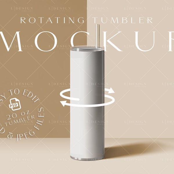 Tumbler rotante Photoshop Mockup, involucro magro per tumbler da 20 once, modello di sublimazione della bottiglia, download digitale, modello tumbler