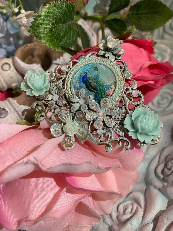 Handmade Hair Clip Peacock Rose and Jewel 1920s  Boho Style Amazon.com: Yokawe Peacock Feather Hair Clip 1920s  main image 2