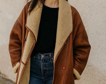 1980s Genuine Napa Leather Coat | Shearling Lined Oversized Winter Jacket