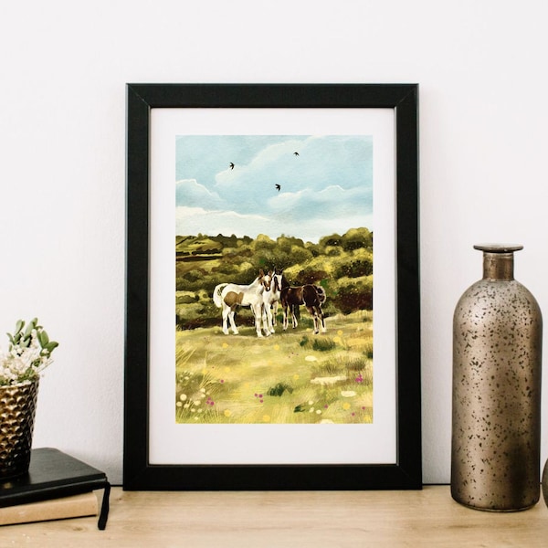 Wild horses print, Cornish landscape, whimsical art print, English countryside painting, ponies picture, foals on Bodmin moor, A5 or A4 size