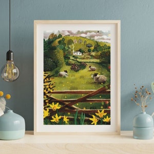 Cosy Cottage art print, English countryside, whimsical art print, Cornish landscape, British wall art, farmhouse on the moor, grazing sheep