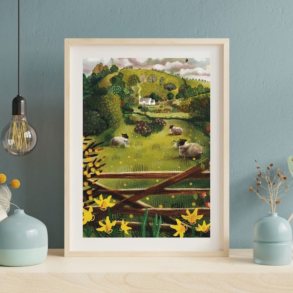 Impression d'art cottage confortable, campagne anglaise, impression d'art fantaisiste, art de cottage anglais, paysage de Cornouailles, impression d'art cottagecore, art mural A4