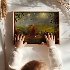 Woodland Animals Nursery Art Print, Whimsical Nighttime Scene