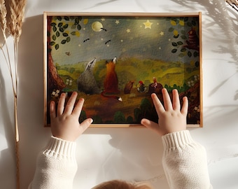 Woodland Animals Nursery Art Print, Whimsical Nighttime Scene