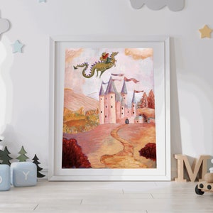 Lámina artística de una niña montando un dragón, decoración infantil caprichosa