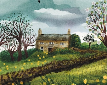 Cosy art print of a traditional Cornish country cottage in the English countryside, whimsical spring art, A4 or A5 size wall art
