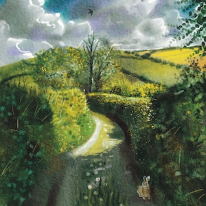 English countryside art print, Cornish landscape, unique painting, Cornish lane, green hills,  country home decor, perfect housewarming gift
