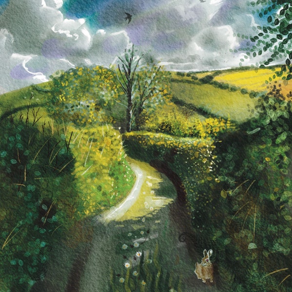 Engels platteland, Cornish hill, Art print van uitzicht op het platteland van Cornwall, A4 of A5 gezellige kunstprint, kunst aan de muur, woondecoratie, plattelandskunst
