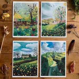 Ensemble de 4 cartes postales de paysage de campagne lunatique, campagne anglaise, scènes magiques format A6, cottage britannique confortable, Cornouailles, noyau de cottage