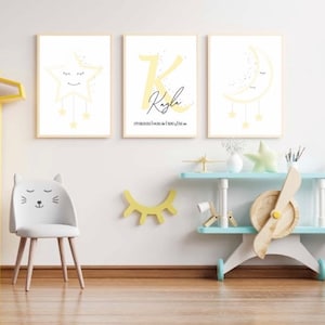 Kinderzimmer 3er Poster Set Smiley Stern, Mond & Buchstabe | personalisiert | Geburtsposter | Geschenk | Geburtstag | Geburt | Taufe