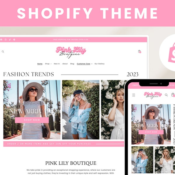 Lily - Shopify Theme Template - Bright Pink Shopify Template - Feminine Website - Website Design - Web Site Design - Shopify OS 2.0 - LJ14