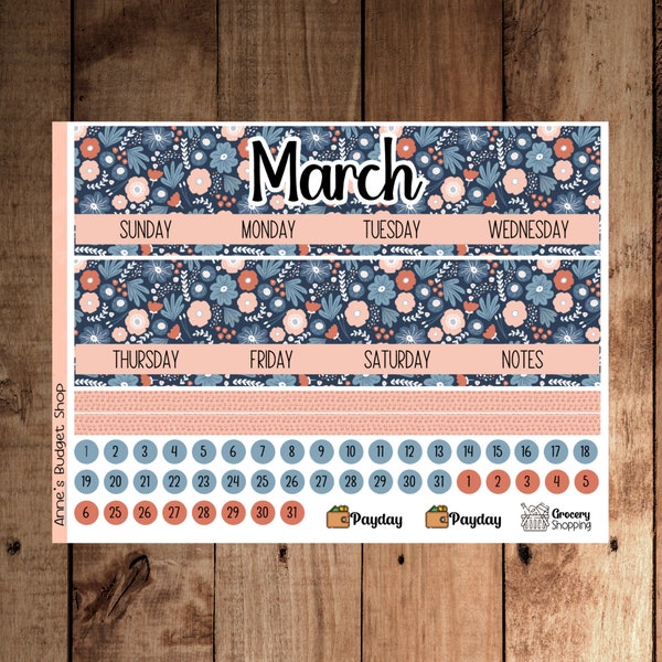 7x9 BK06 March Calendar Sticker Kit, Erin Condren Monthly Planner Stickers Kit, EC Budget Stickers, Monthly Budget Stickers, Family Budget