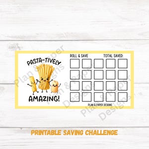 Puede incluir: Un gráfico de desafío de ahorro imprimible con un fondo amarillo y una imagen de dibujos animados de personajes de pasta. El gráfico tiene el título "Pasta-tively Amazing!" e incluye una sección para "Roll & Save" y "Total Saved".