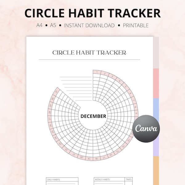 2024 Circle Habit Tracker | Minimalist Digital & Printable Planner | Editable on Canva | Daily Habits | Habit Improvement | PDF A4, A5 Size