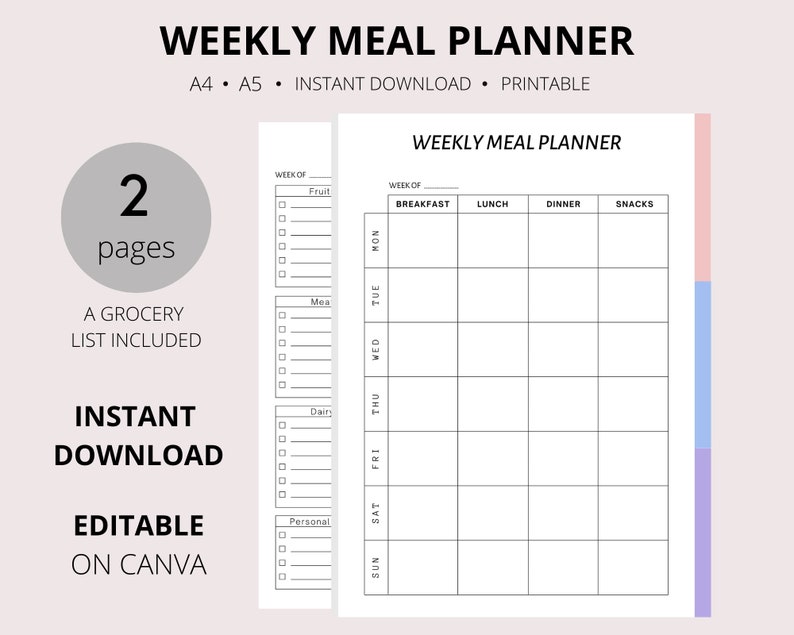 Weekly Meal Planner Printable Shopping Grocery Food List - Etsy