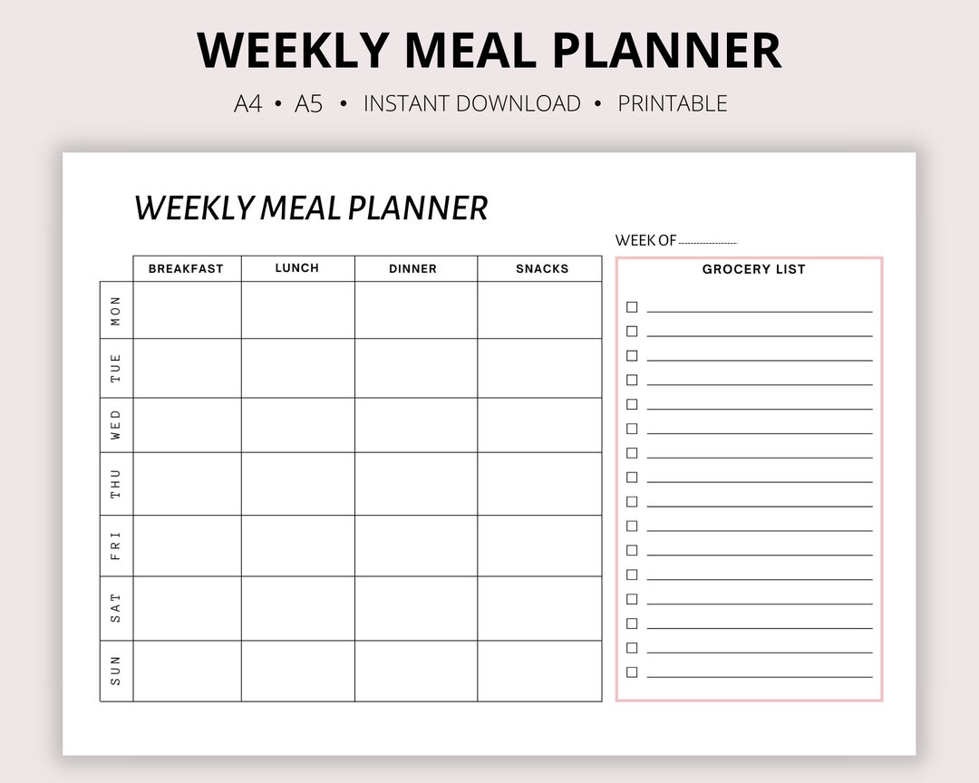 Weekly Meal Planner Printable Grocery Food List - Etsy