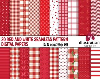 Red and White Gingham Digital Paper Pack, Farmhouse Cottage Digital Scrapbook Papers, Stripes, Gingham, Plaids, Dots, Commercial Use