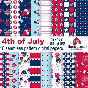 16 Seamless Pattern Digital Papers for 4th of July Party, Independence Day, Patriotic Scrapbook Papers, For Personal and Commercial Use