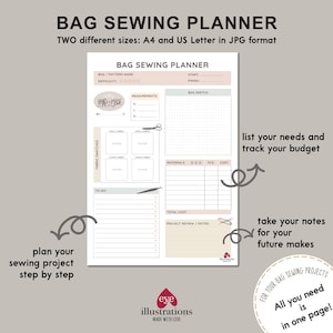May include: A printable planner for bag sewing projects. The planner includes sections for fabric swatches, measurements, materials, to-do list, project review, and notes. The planner is designed to help you plan, track, and organize your bag sewing projects.