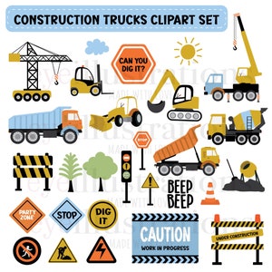 Conjunto de clipart de construção - escavadeira, guindastes, escavadeiras, caminhões, tratores de esteira e elementos de design de construção
