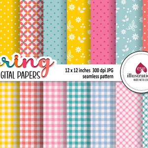 May include: A set of 12 digital papers featuring spring-themed patterns in various colors, including pink, yellow, blue, and red. The patterns include polka dots, gingham, floral designs, and geometric shapes. The papers are 12 inches by 12 inches and 300 dpi.