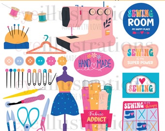 Sewing Clipart Set: Machine, Stickers, Buttons (Digital Download)