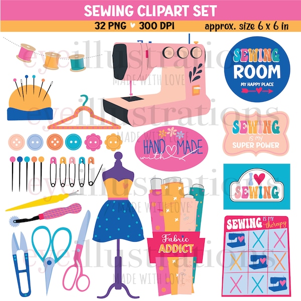 Sewing Clipart Set, Sewing Stickers PNG Files, Sewing Lover Digital Download, For Personal and Commercial Use