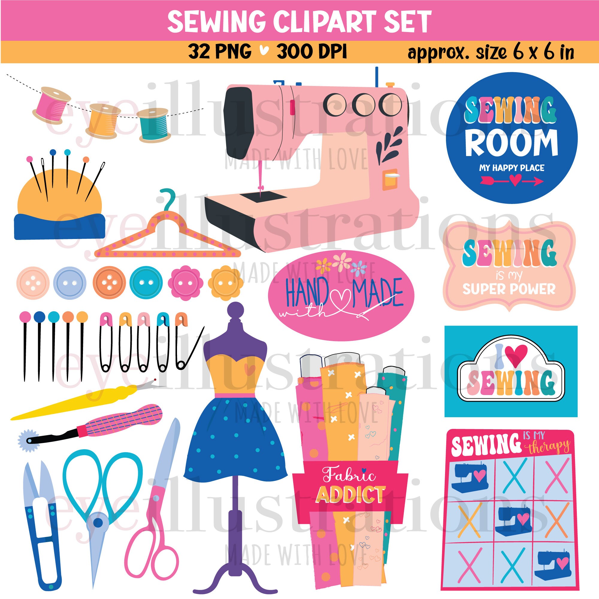 SEWING Supplies CLIP ART Set for Personal and Commercial Use Quilting  Supplies, Dress Form, Fabric, Buttons 