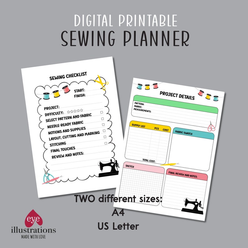 Sewing Project Planner, Printable Sewing Checklist , 2 Pages JPG