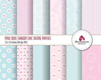 Shabby Chic Digital Paper Pack, Blue and Pink Shabby Chic Backgrounds, Soft Shabby Floral Digital Paper, Roses Digital Paper, Commercial Use