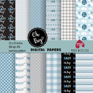 Oh Baby Boy Shower Printable Seamless Pattern,  Newborn Paper Pack, Digital Scrapbook Paper