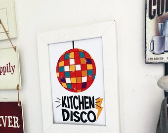 Kitchen Disco Print, Kitchen Poster, Funky Kitchen Prints, Gift For Food Lover, Retro Style Poster