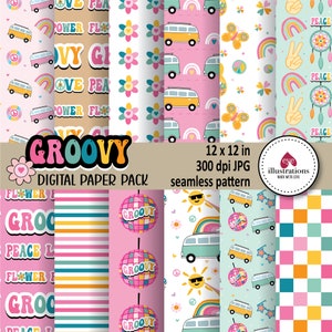Pack de papier numérique sans couture rétro groovy pour anniversaire groovy, Flower Power, arc-en-ciel rétro, pour usage personnel et commercial