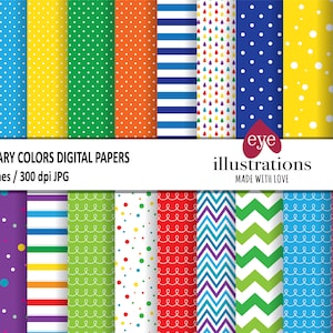 Paquete de papel digital de colores primarios, papel digital de lunares, patrón sin costuras colorido, papel para álbum de recortes de colores primarios, uso comercial