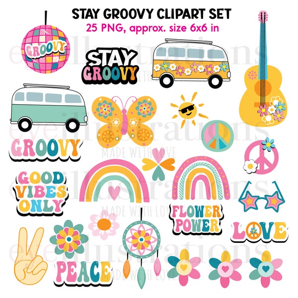 Groovy Clipart Bundle, Groovy Png Design, Retro, Hippie, Flower Power, Peace Sign, For Personal and Commercial Use