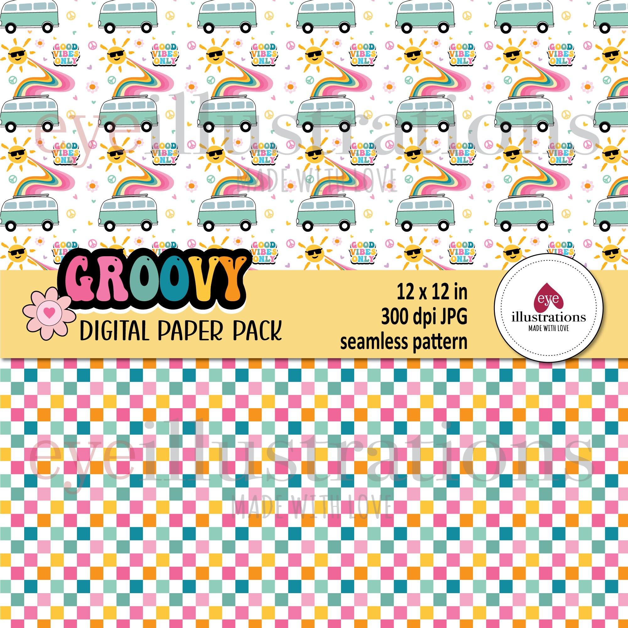 Groovy Retro Digital Paper Pack: Rainbow, Flowers (digital Download) - Etsy
